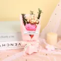 Mini soap flower bouquet with dried gypsophila, perfect romantic gift for Valentine's Day. - Pink Carnation