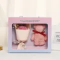 Valentine's Day soap rose flower bouquet gift box with cute towel bear for lovers. - Pink Carnation Bouquet + Towel Bear Gift Box