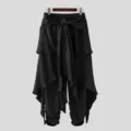 Men's black draped layered harem pants detail, featuring tie waist and ruched ankles. - S / Bottoms / Black