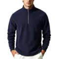 Close-up detail of the cozy fleece fabric and convenient half-zip stand collar design. - S / Tops / Dark Blue
