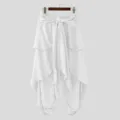 Detail shot of men's casual white harem pants featuring layered wrap design and waist tie. - S / Bottoms / White