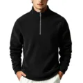 Men's black fleece quarter zip sweatshirt, stand collar casual pullover detail view. - S / Tops / Black
