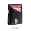 Minimalist black leather bifold wallet with metal money clip and card slots for men. - Plain Black