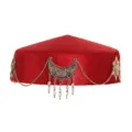 Close-up detail of the ethnic red velvet hat with delicate silver chains and metal pendant. - Chain Feather Style Red