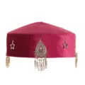Exquisite traditional ethnic Kazakh velvet hat featuring detailed silver pendants and star charms. - Feather Style Purple