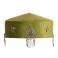 Detail shot of the handmade Kazakh ethnic green velvet hat, showcasing intricate silver metal charms. - Feather Style Green