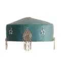 Kazakh ethnic traditional velvet hat detail, featuring exquisite silver metal charms and fringe. - Navy Blue