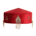 Traditional Kazakh red velvet ethnic hat with silver charm pendants for women and performance - Feather Style Rose Red