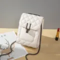 White quilted mini shoulder phone bag with chain strap, stylish women's crossbody bag. - White