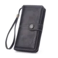 Portefeuille long noir pour femme pochette rétro zippée avec lanière et perforation. - Noir