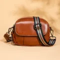 Retro brown women crossbody shoulder bag with classic striped web strap for daily fashion style. - Brown