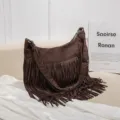 Sac à bandoulière vintage à franges marron pour femme, élégant sac hobo en daim souple. - Café