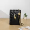 Women quilted crossbody shoulder bag chic PU leather handbag with gold chain strap daily wear - Black