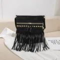 Vintage black fringe shoulder bag with gold studs, stylish bohemian daily crossbody bag for women. - Black