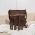 Brown fringe crossbody bag with gold studs, bohemian suede shoulder bag for women. - Coffee