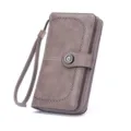 Long women leather wallet clutch grey vintage wrist strap zip multi-card pocket daily use - Gray