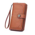 Women's Long Retro PU Leather Wallet Zip Clutch Purse with Wrist Strap and Snap Button - Brown