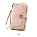 Pink long wallet for women, vintage PU leather clutch with wrist strap, zipper and snap. - Pink