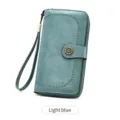 Women long PU leather wallet vintage clutch purse zip around wristlet in light blue - Light Blue