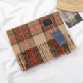 Detailed view of a soft cashmere-feel plaid winter scarf with warm tassels and classic pattern. - 驼色红蓝相间格子