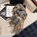 Women vintage plaid cashmere feel scarf winter warm tassel long wrap blanket shawl - 190cm / Blue and Yellow