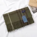 Close-up detail of green and brown plaid winter scarf with tassel fringe and product tag. - 绿色与棕色格纹