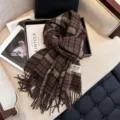 Brown plaid tassel scarf detail view, cozy winter cashmere-feel long warm neck wrap. - 190cm / Brown and Black