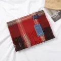Detailed view of cozy winter plaid scarf with fringe tassels, soft texture for casual warmth. - 红棕色经典格纹