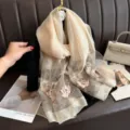 Elegant lotus embroidered silk scarf for women, luxurious lightweight shawl for qipao or dress. - Champagne