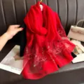 Sciarpa ricamata in setoso rosso lusso loto floreale avvolgi elegante scialle invernale donna - Rosso Vivo
