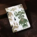 Detalle cuaderno de tela estilo étnico Atlas, diario tradicional de Xinjiang con marcapáginas. - Patrón Floral Blanco-Verde