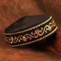 Berretto ricamato da uomo stile kazako cappello etnico tradizionale nero con elegante motivo floreale - 55-56cm / Cappello Nero con Filo d'Oro Stile 3