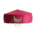Detailed view of the traditional ethnic velvet hat featuring exquisite metal chains and charms. - Cylindrical Style Rose Red