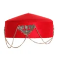 Kazakh ethnic red felt hat with silver metal chain ornament, retro fashion performance cap. - Red