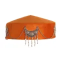 Detailed view of traditional Kazakh ethnic velvet hat showing silver crescent and tassels. - Chain Feather Style Orange
