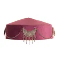 Detailed view of the purple Kazakh ethnic felt hat with silver metallic crescent tassel chains. - Cylindrical Style Purple