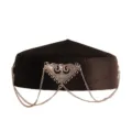 Kazakh ethnic traditional black cap with silver triangle pendant and delicate hanging chains - Black