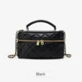 Black quilted vanity shoulder bag, chic diamond pattern with chain strap and top handle. - Long Black (SW3249)