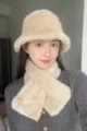 Winter warm beige plush bucket hat and soft matching scarf closeup detail shot for daily wear. - Cream White Hat + Scarf Set