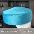 Detailed view of the turquoise velvet Kazakh ethnic hat, showing fine stitching texture clearly. - Sky Blue