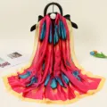 Vibrant pink silk scarf with traditional ethnic feather print, elegant long fashion shawl. - Pattern Two Print Three
