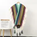 Ethnic style knitted poncho with colorful geometric stripes, ruffles and tassels. - Ruffle Pendant Shawl E