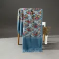 Detailed view of the ethnic style embroidered paisley cashmere-feel scarf, elegant shawl. - Blue