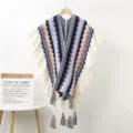 Poncho mantella lavorata a maglia stile etnico con volant e nappe, calda onda geometrica inverno. - Scialle con Pendente a Volant A