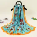 Xinjiang ethnic style satin silk long scarf with vibrant blue and orange floral print for women - Pattern Two Print Nine