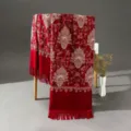 Red ethnic embroidered imitation cashmere scarf winter women shawl tassel fringe detail shot - Burgundy