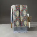 Gray embroidered cashmere feel shawl, ethnic floral paisley scarf with tassels, detailed view. - Gray