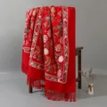 Red ethnic embroidered faux cashmere shawl, thick warm tassel scarf for women travel use. - Burgundy