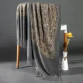 Grey winter warm cashmere-feel shawl with elegant golden paisley embroidery and chic fringe. - Gray