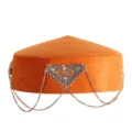 Kazakh ethnic traditional velvet hat with ornate silver chains and metal pendant for women. - Orange